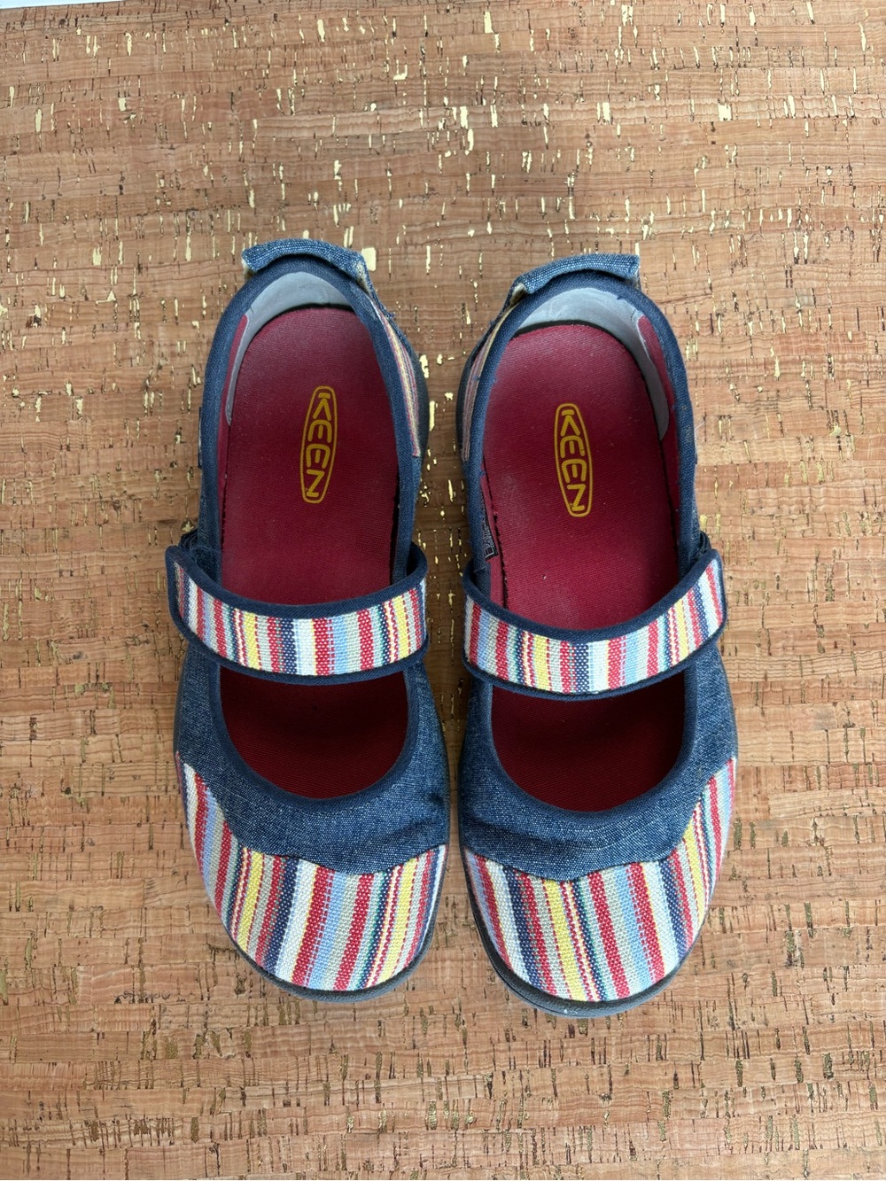 Keen Kids Mary Jane Sneakers in Navy with Red, Yellow & Blue Stripes - Picture 2 of 8